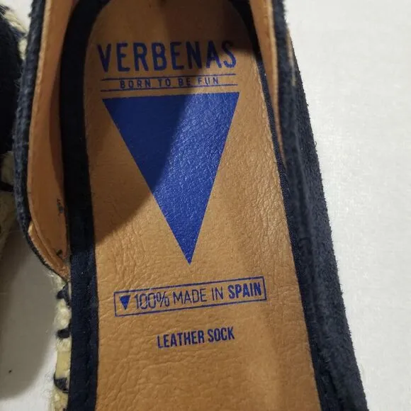 VERBENAS Sandal 8.5 39 Cruz Blue Espadrille Navy Peep Toe Leather Suede Canvas
