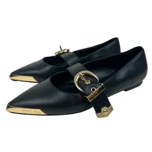 Versace Black Leather Gold Buckle Pointed Toe Mary Jane Flats 35 5