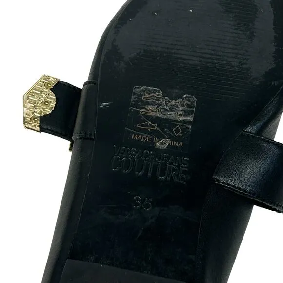 Versace Black Leather Gold Buckle Pointed Toe Mary Jane Flats 35 5