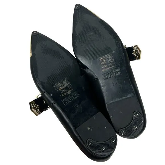 Versace Black Leather Gold Buckle Pointed Toe Mary Jane Flats 35 5
