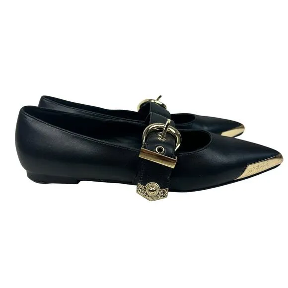 Versace Black Leather Gold Buckle Pointed Toe Mary Jane Flats 35 5