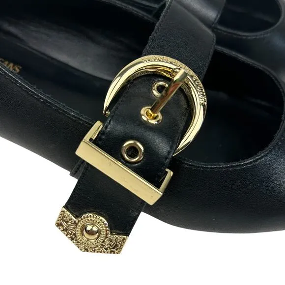 Versace Black Leather Gold Buckle Pointed Toe Mary Jane Flats 35 5