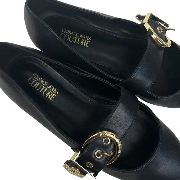 Versace Black Leather Gold Buckle Pointed Toe Mary Jane Flats 35 5