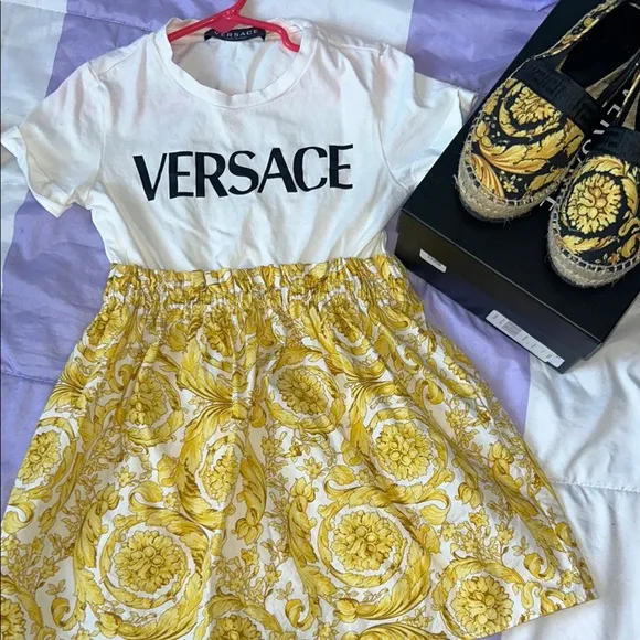 Versace White and Yellow Casual Dress Crew Neck Short Sleeve and ESPADRILLES