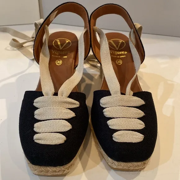 VIGUERA Espadrilles 3” sling back, front lacing in contrast black cream 39 NWOT