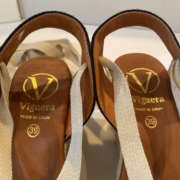 VIGUERA Espadrilles 3” sling back, front lacing in contrast black cream 39 NWOT