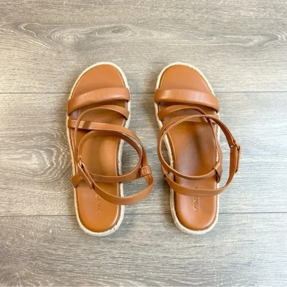 Vince Smith Sandals Leather Slingback Espadrilles Flat Wrap Strappy Tan Size 7.5
