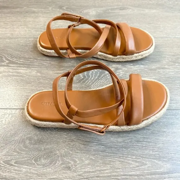 Vince Smith Sandals Leather Slingback Espadrilles Flat Wrap Strappy Tan Size 7.5