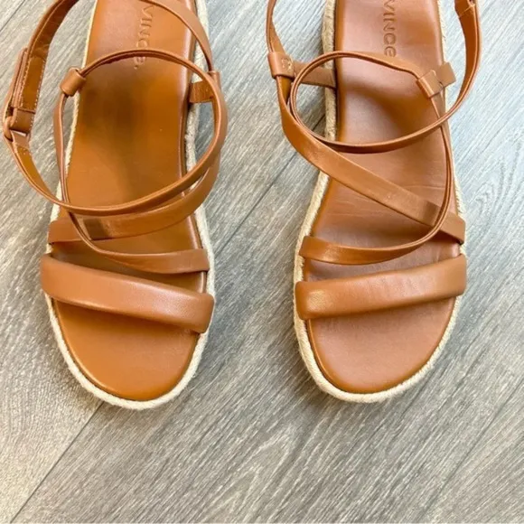 Vince Smith Sandals Leather Slingback Espadrilles Flat Wrap Strappy Tan Size 7.5