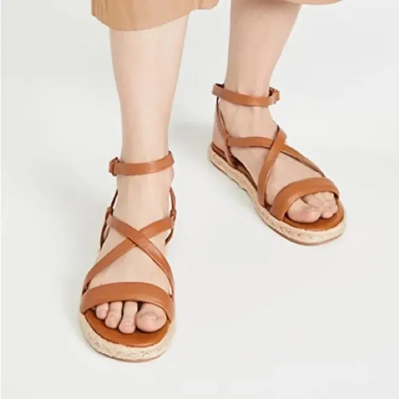 Vince Smith Sandals Leather Slingback Espadrilles Flat Wrap Strappy Tan Size 7.5