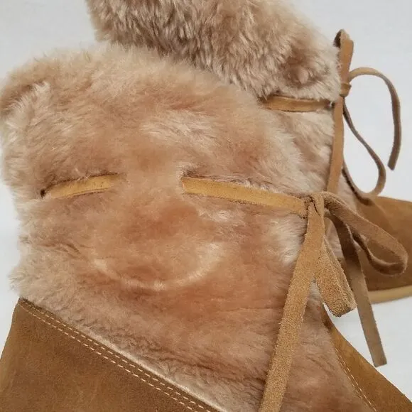 VINTAGE 1970s Northlanders Camel Suede Blonde Faux Fur Wedge Snow Booties 8
