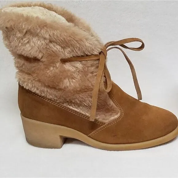 VINTAGE 1970s Northlanders Camel Suede Blonde Faux Fur Wedge Snow Booties 8