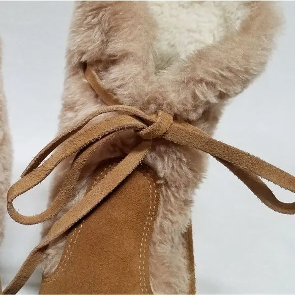 VINTAGE 1970s Northlanders Camel Suede Blonde Faux Fur Wedge Snow Booties 8