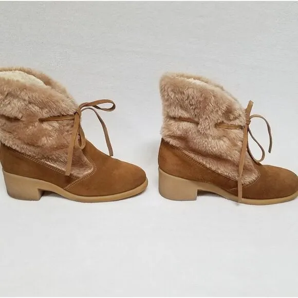 VINTAGE 1970s Northlanders Camel Suede Blonde Faux Fur Wedge Snow Booties 8