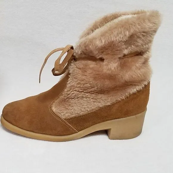VINTAGE 1970s Northlanders Camel Suede Blonde Faux Fur Wedge Snow Booties 8
