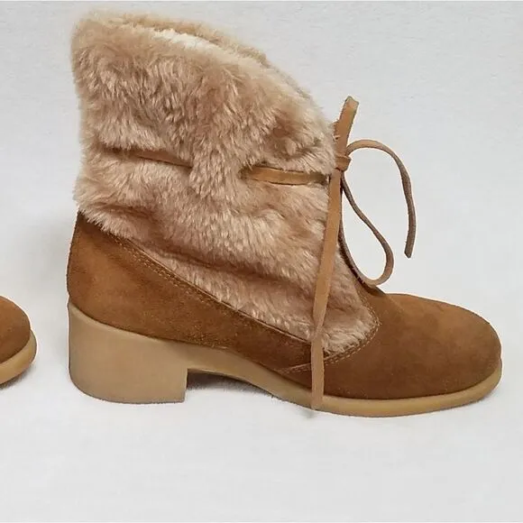 VINTAGE 1970s Northlanders Camel Suede Blonde Faux Fur Wedge Snow Booties 8
