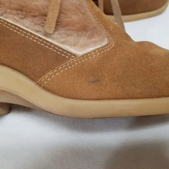 VINTAGE 1970s Northlanders Camel Suede Blonde Faux Fur Wedge Snow Booties 8