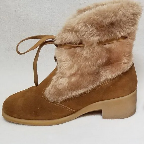 VINTAGE 1970s Northlanders Camel Suede Blonde Faux Fur Wedge Snow Booties 8