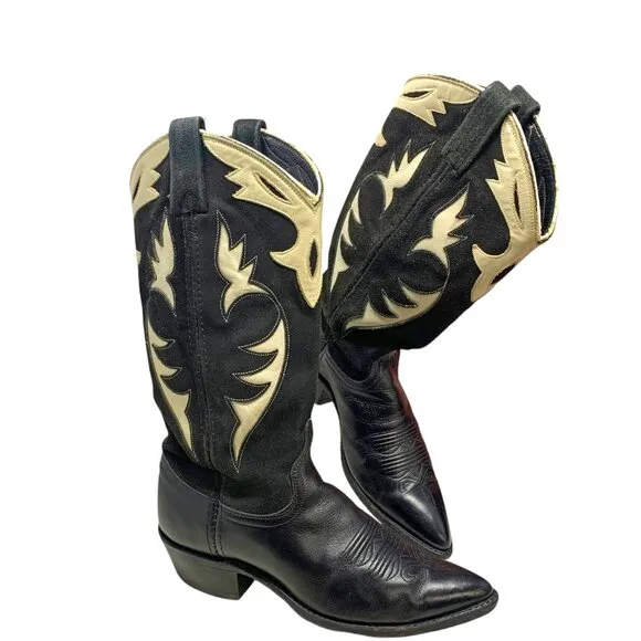 Vintage Dan‎ Post Black Leather White Inlaid Leather Cowgirl Boots