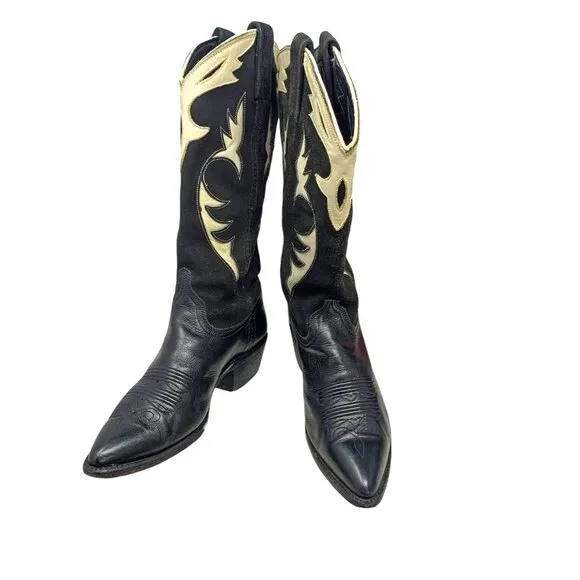 Vintage Dan‎ Post Black Leather White Inlaid Leather Cowgirl Boots