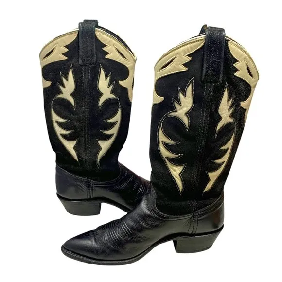 Vintage Dan‎ Post Black Leather White Inlaid Leather Cowgirl Boots