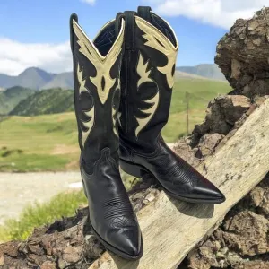 Vintage Dan‎ Post Black Leather White Inlaid Leather Cowgirl Boots