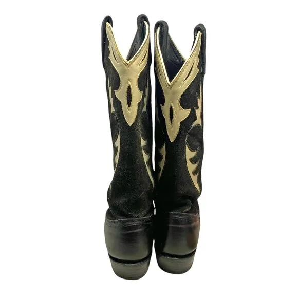 Vintage Dan‎ Post Black Leather White Inlaid Leather Cowgirl Boots
