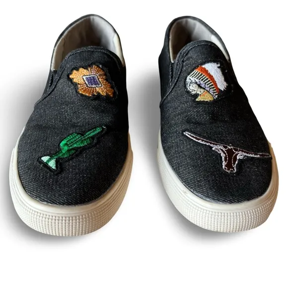 Vintage Havana Black Denim Slip On Loafers Sneakers w/ Southwest Embroidery