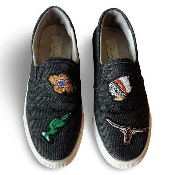 Vintage Havana Black Denim Slip On Loafers Sneakers w/ Southwest Embroidery