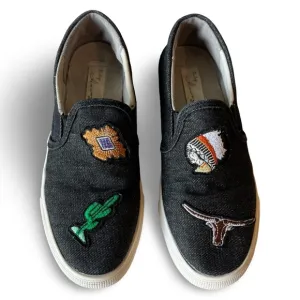 Vintage Havana Black Denim Slip On Loafers Sneakers w/ Southwest Embroidery