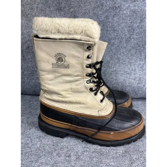 Vintage La Crosse Outdoorsman Boots Men's 9 Beige Leather Lace Up Fur Lined Hunt