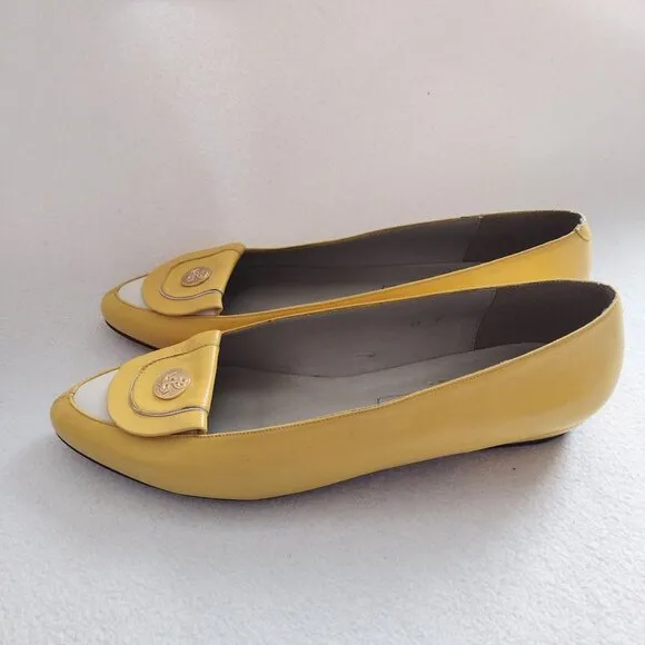 Vintage Pappagallo Yellow Leather Flats 11M  Gold Anchor Embellishment