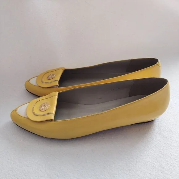 Vintage Pappagallo Yellow Leather Flats 11M  Gold Anchor Embellishment