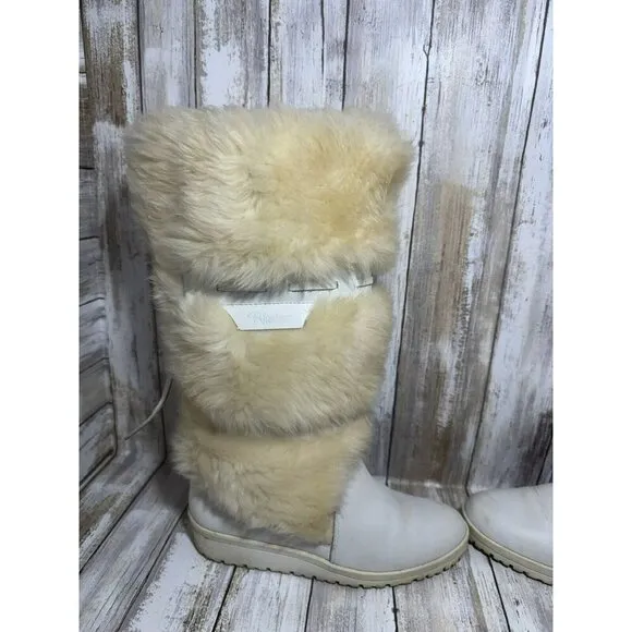 Vintage Pfister White Off Faux Fur Knee Boots size 6.5