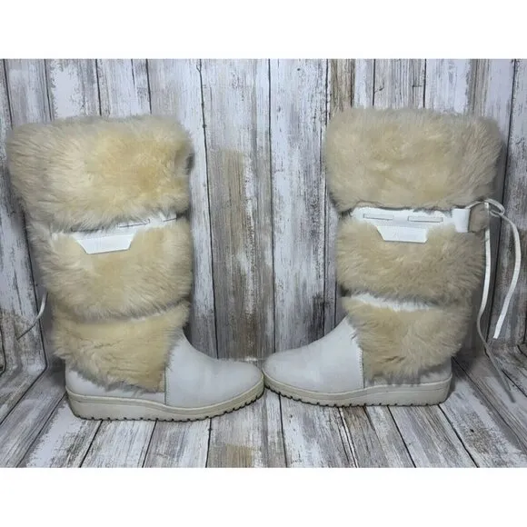 Vintage Pfister White Off Faux Fur Knee Boots size 6.5