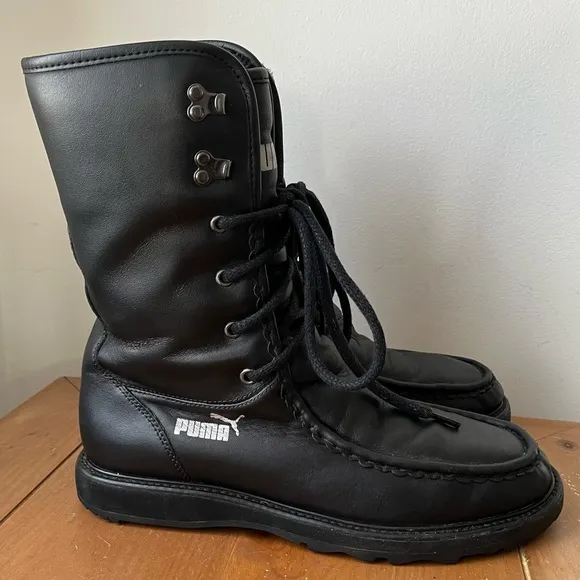 Vintage Puma Men's Black Leather Fur Lined Moc Toe Winter Snow Boots 10.5