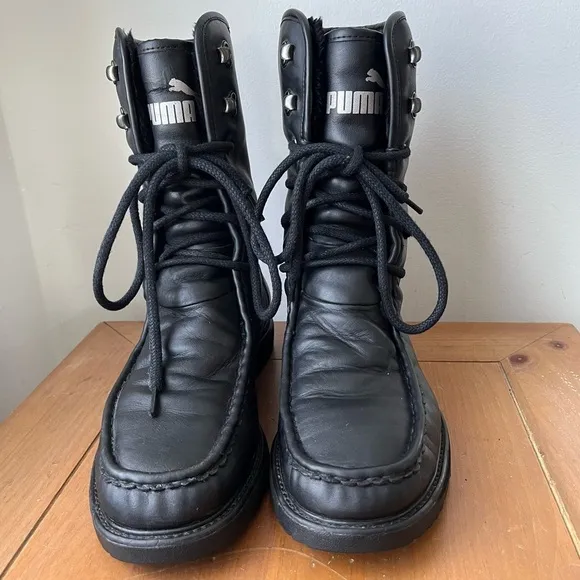 Vintage Puma Men's Black Leather Fur Lined Moc Toe Winter Snow Boots 10.5