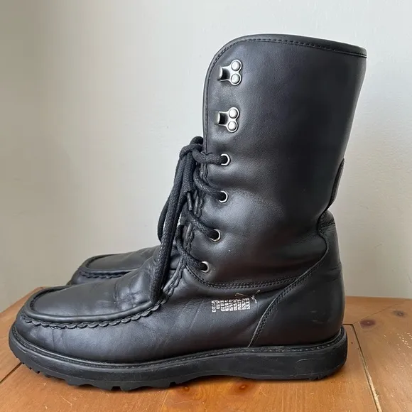 Vintage Puma Men's Black Leather Fur Lined Moc Toe Winter Snow Boots 10.5