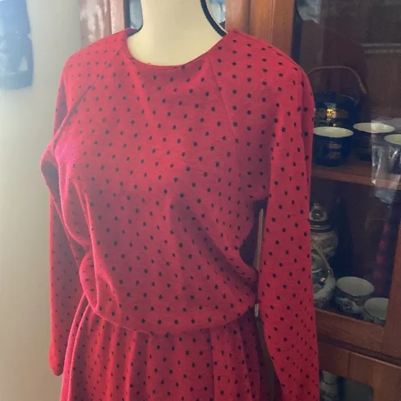 Vintage Red and black polka dot knit long sleeve dress