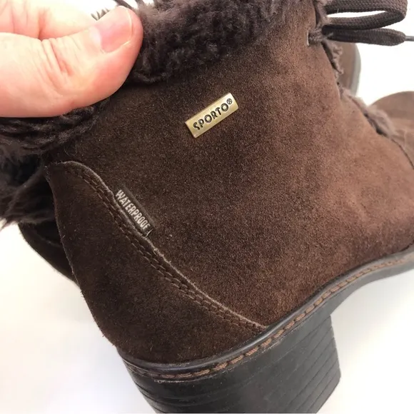 Vintage Sporto Womens Chunky Heeled Boots Faux Fur Lined Brown Suede Waterproof