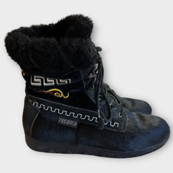 Vintage Tecnica Ankle Boots Goat Fur Apres Ski Boho Festival Embroidery Italy 38