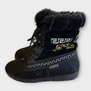 Vintage Tecnica Ankle Boots Goat Fur Apres Ski Boho Festival Embroidery Italy 38