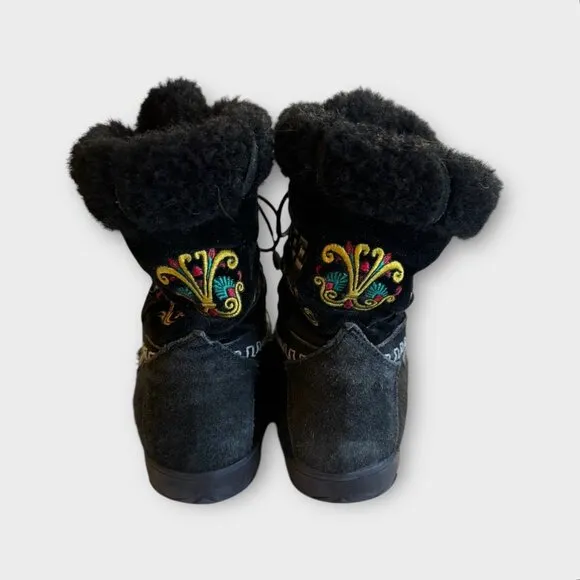 Vintage Tecnica Ankle Boots Goat Fur Apres Ski Boho Festival Embroidery Italy 38
