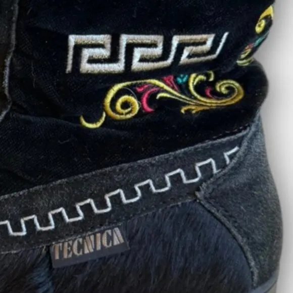 Vintage Tecnica Ankle Boots Goat Fur Apres Ski Boho Festival Embroidery Italy 38