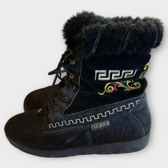 Vintage Tecnica Ankle Boots Goat Fur Apres Ski Boho Festival Embroidery Italy 38