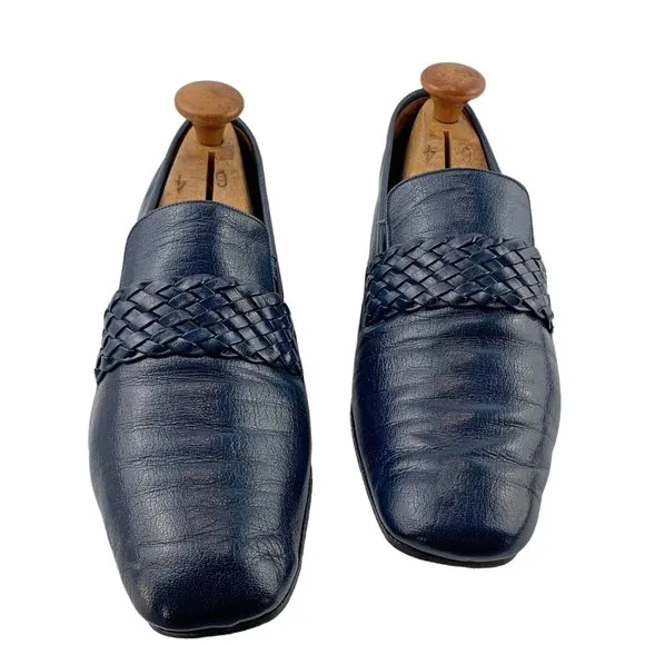 Vintage VOLARE By Carlo Leoni Navy‎ Blue Itaian Leather Loafers