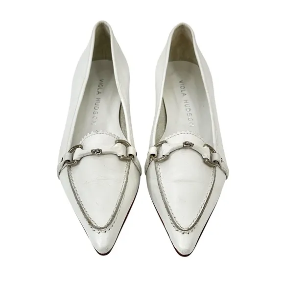 Viola Hudson White Pointed Toe Embellished Leather Flats Loafers sz 37