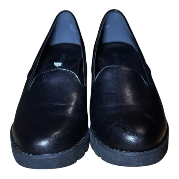 VIONIC Black Leather Women's Willa Wedge Loafers Size 9 NWOT