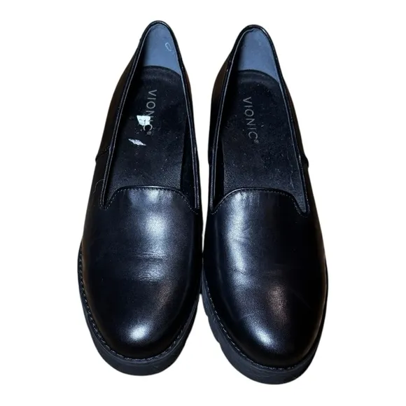 VIONIC Black Leather Women's Willa Wedge Loafers Size 9 NWOT