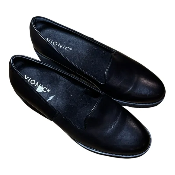 VIONIC Black Leather Women's Willa Wedge Loafers Size 9 NWOT